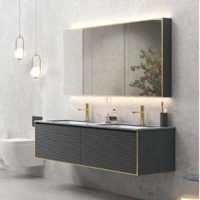 China Modern North American Top Rated Wall Mounted Ceramic Bathroom Cabinet Wash Basin Vanity With LED Mirror for sale