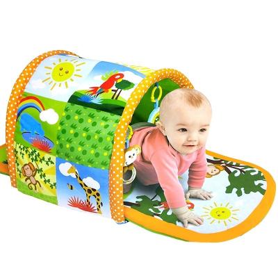 China Eco-Friendly Forest Animals Design Organic Cotton Kids Play Mat Activity Gym With Hanging Plush Toys And Tunnel for sale