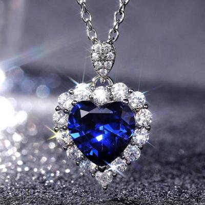 China Romantic Women Classic Heart Shape Blue Zircon Stone Chain Choker Wedding Necklace Crystal Pendant Necklace Shiny Cubic for sale