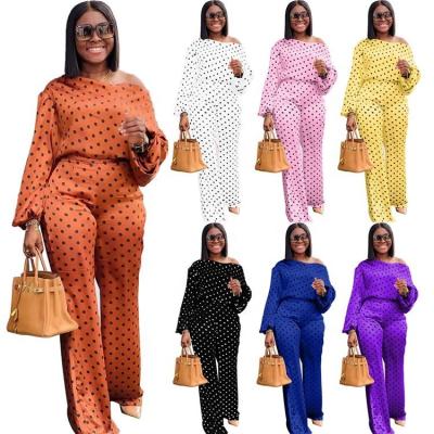 China Fashionable Ladies Anti-pilling Outfits Long Sleeve Complete Dot Print Wide Leg Plus Size Autumn Women Pants Two Piece Set for sale