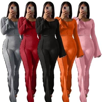 China Anti-pilling Popular Ladies 2 PCS Ribbed Outfits Flare Sleeve Bell Bottoms Winter Women Pants Two Piece Set for sale