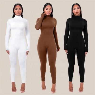 China Anti-pilling 2021 hot sexy skinny rompers ladies sheath long high collar Autumn Women One Piece Jumpsuits for sale