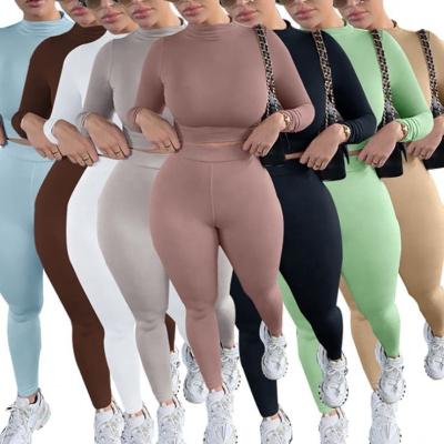 China Custom Logo Anti-pilling Crop Ladies Outfits Long Sleeve Full Autumn Women Stretchy Skinny 2 Piece Pants Set for sale