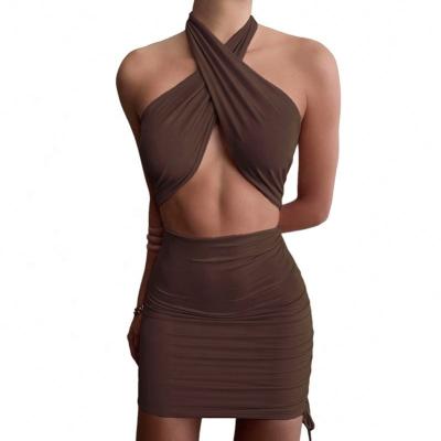 China Spring K20D11251 Breathable Stacked Side Women Hollow Backless Sleeveless Mini Sexy Bodycon Dress Tie Halter Vestidos Ladies Party for sale