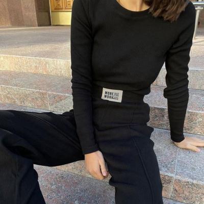 China 2021 QUICK DRY Autumn Rib Knit Slim 2-Piece Long Sleeve O-Neck Tops + High Waist Pants With Logo Women Casual Set for sale