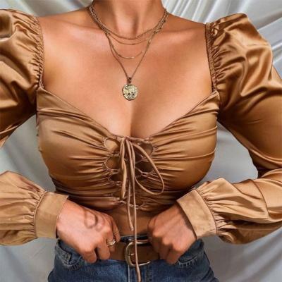 China X02072C Viable Link Front Women 2020 Autumn Tops And Blouses Shirts Square Collar Long Sleeve Vintage Elegant Shirt Tops Lace Up for sale