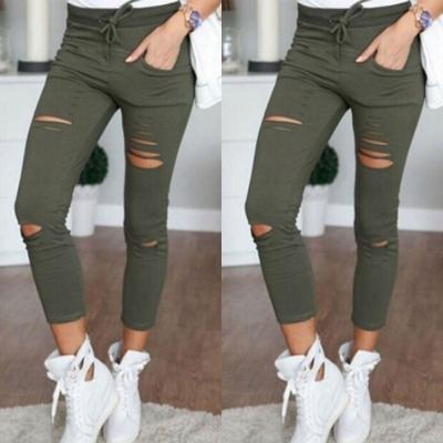 China X01479M Summer Women's Breathable Leggings Sexy Ripped Yoga Pants Solid Color Tight Casual Pants Hot Sale for sale