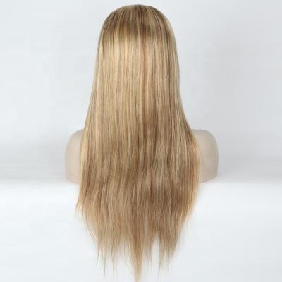 China Easy to Apply Blonde European Hair Glueless Wig with Brown Roots and Brown Highlights White Women Silk Top Wig for sale