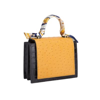 China High quality luxury women's satchels bags real ostrich leather flap with crocodile handle embossed leather top handbags for ladies for sale