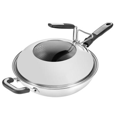 China New Viable Full-Page Wok Pan Frying Pan Uncoated Pan Non-stick 304 Stainless Steel Three Layers Steel Pot for sale