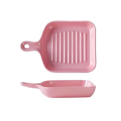 China Viable Colorful Handle Ceramic Baking Tray Small Bakeware Ceramic Dish Set Handle Bread Boxes For Oven Microwave for sale