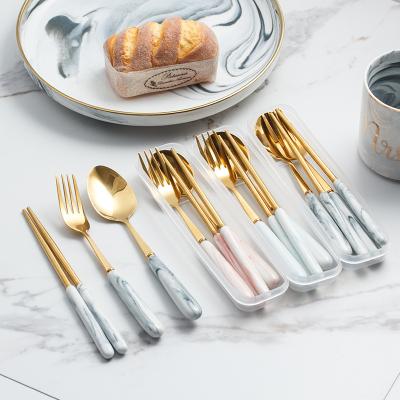 China Viable Nordic Marbling Free Color Box With Logo Stainless Steel Titanium Fork Spoon Chopsticks Portable Tableware Set for sale