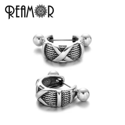 China Water Proof REAMOR Mens Wide Circle Earrings X U Shaped Alphabet Textured Stainless Steel Cuff Cartilage Stud Earrings For Men And Women women for sale