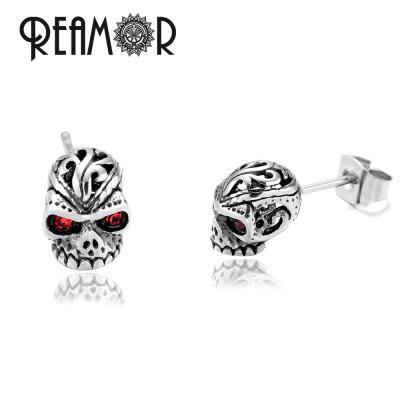 China REAMOR Gothic Punk Neo-Gothic Style Skull Head With Red Eyes Stud Earrings Halloween Stainless Steel Ear Jewelry For Women Men for sale