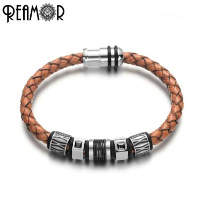 China Free Shipping REAMOR Genuine Leather 316L Stainless Steel Magnet CZ Clasp Beads Genuine Leather Braided Bracelet for sale