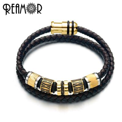 China Free Shipping Men's 316l Stainless Steel REAMOR Stainless Steel Gold Bead Leather Bracelet With Magnetic Clasp for sale