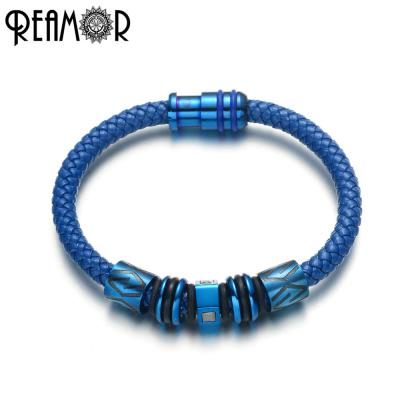 China REAMOR Men's 316l Stainless Steel Bead Cuff Wrap Genuine Leather Braided Bracelet for sale