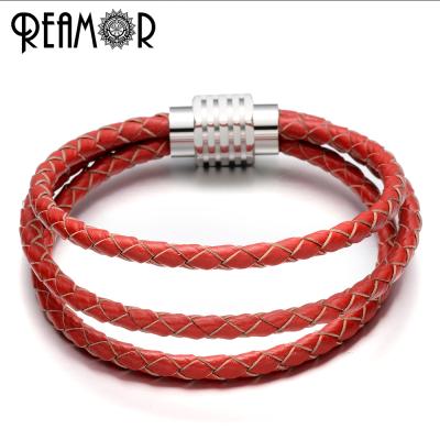 China REAMOR Stainless Steel Women Magnet Buckle Genuine Leather Braided Bracelet For Simple Style for sale