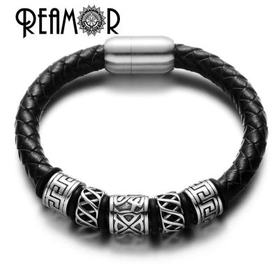 China REAMOR Men's Viking Bead Genuine Leather Bracelet 316l Stainless Steel With Strong Magnet Clasp Bracelet For Men for sale