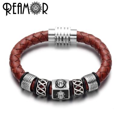 China REAMOR Men's 361l Stainless Steel Buddha Head Bead Genuine Leather Bracelet For 2019 Fashions Bracelet Jewelry for sale