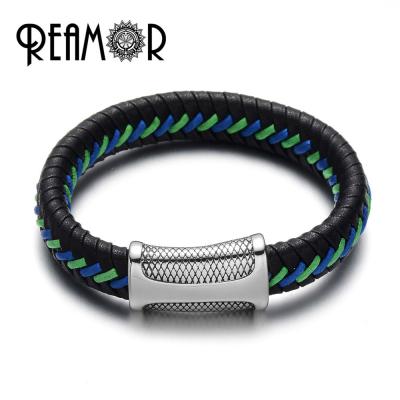 China REAMOR Stainless Steel Colorful Silk Braided 361l Stainless Steel Genuine Leather Cuff Bracelet With Magnetic Buckle for sale