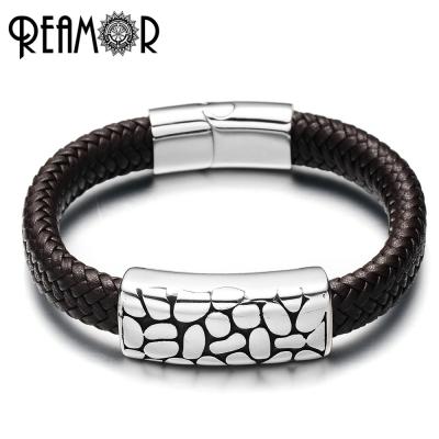 China REAMOR Stainless Steel Mens 316L Irregular Bead Wide Braided Rope Cuff Leather Bracelet With Magnet Clasp for sale