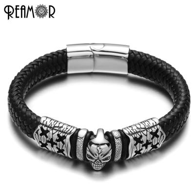 China REAMOR 316L Stainless Steel Anger Skeleton Skull Bead Wide Braided Rope Leather Bracelet For Men Jewelry 2019 for sale