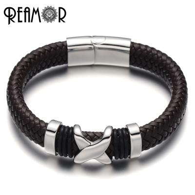 China REAMOR 361L Stainless Steel Wide Braided Leather Letter X Cuff Bracelet For New Mern Bracelet Jewelry 2019 for sale