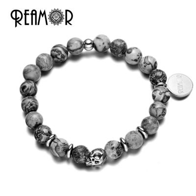 China REAMOR Gray Map Stone 361l Stainless Steel Trendy Skull Natural Pearl Elastic Strand Bracelet For Men Charm Jewelry 2019 for sale