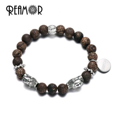 China Religious REAMOR Split Natural Stones Stainless Steel Buddha Head Beads Energy Homme Bracelets Buddhist Style Jewelry for sale