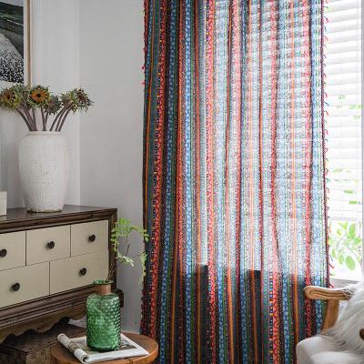 China Blackout 90% Cotton Luxury Green Sowing Tassel Lace Bedroom Woven Colorful Striped Curtain for sale