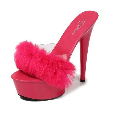 China High Heel Breathable Warm Sale Ladies Fur Sandals Ladies Fluffy Shape Crystal High Heel Slippers for sale