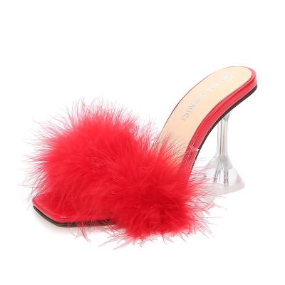 China Wholesale Breathable Hot Selling High Heels Fur Sandals Ladies Fluffy Ladies Shape Crystal Heel Slipper for sale