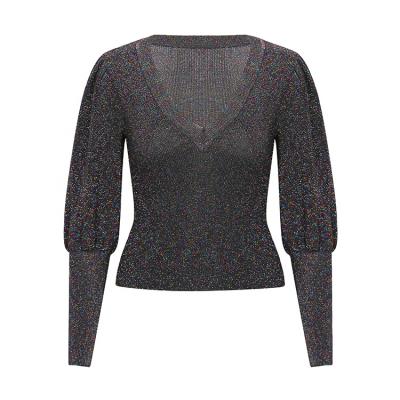 China Classic Anti-wrinkle Casual Sweaters Lantern Sleeve V-neck Sweater Woman Sweater for sale