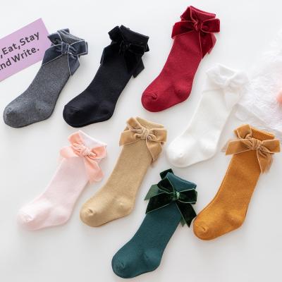 China Princess 2021 Newborn Knitted Children Velvet Bow Cotton Knee Socks Autumn Winter Baby Girl Socks Antibacterial Spanish Style High Socks for sale