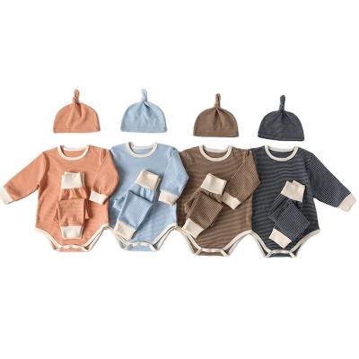 China 2021 Autumn Winter Baby Clothes Set 3PCS Breathable Cotton Romper Pants Long Hat Set Newborn Baby Home Suit for sale