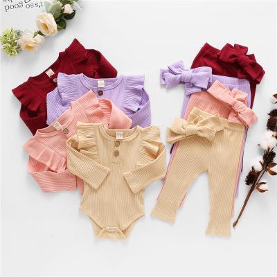 China Baby Autumn/Winter Long Sleeve Romper+Pant+Bow Headbands 3pcs Clothes Set Newborn Cotton Breathable Outfit for sale