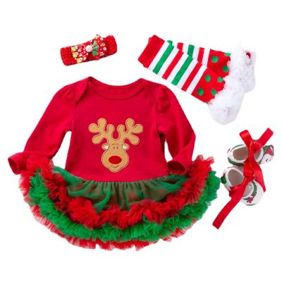 China Hotsale Breathable Christmas Newborn Baby Outfits Long TUTU Romper Headband Wrap Leg Warmers Prewalkers 4pcs Set Christmas Baby Clothes for sale