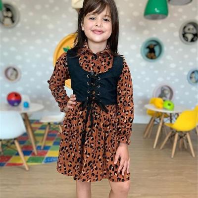 China 2021 Autumn Kids Girl Leopard Dress Washable Fashion Shirt Dress+Black Vest 2pcs Set for sale