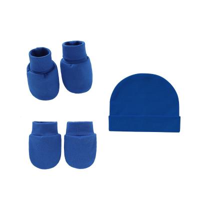 China Picture OEM Order Newborn Baby Accessories Plain Color Cotton Beanie Cap Mittens Footwear 3pcs Set for sale