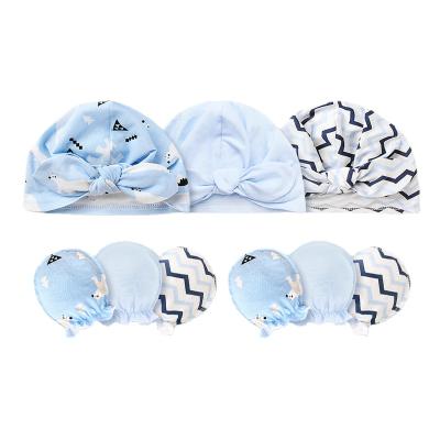 China Picture Soft Cotton Newborn Baby Hats And Mittens Set Knot Bunny Ears For 0-6 Months Infant Beanie for sale