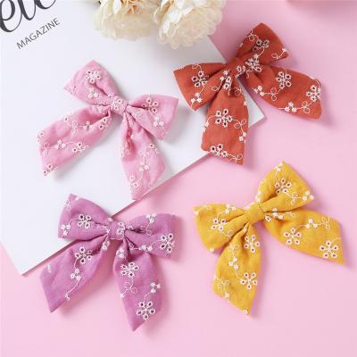 China European and American Style Embroidered Large 100% Cotton Kids Bow Baby Hollow Bows Hairpins Hair Clips Toddler Party Hair Accessories for sale