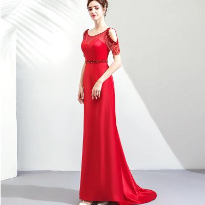 China Anti-Static Fabric Women's Modern A-line Wine Red Satin Bridesmaid Dresses Beads Tassel Cap Sleeve Mermaid Bridal Gown for sale