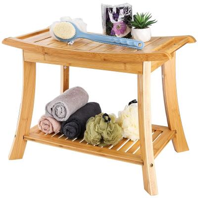 China Natural Custom Indoor Or Outdoor Durable Bamboo Shower Bench With Storage Shelf For Bathroom for sale