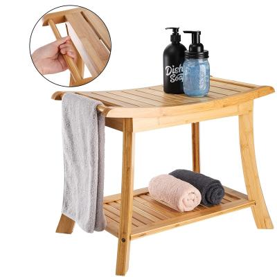 China Natural Waterproof Bamboo Wood Shower Bench Spa Bath Organizer Seat Stool with Rubber Feet Hanging Rods for sale