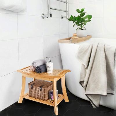 China Natural Custom Natural Color 2 Tier Seat Durable Bamboo Shower Bench Foot Rest Shaving Stool With Non Slip Feet for sale