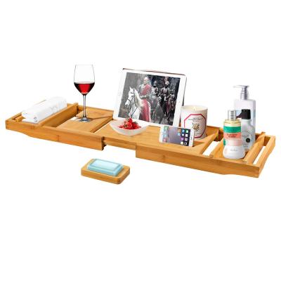 China Natural Bamboo Bathtub Shower Bath Caddy Tray Bath Tub Table with Wine Slots and Bath Book Holder Free Soap Dish for sale