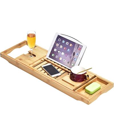 China Natural Eco Friendly Specially Designed Bathroom Table Bamboo Bathtub Caddy  With Book Wine Phone Holder for sale