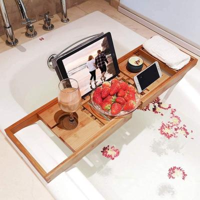 China Natural Stainless Shower Tray Gold Royal Craft Luxury Adjustable Wood Bath Tray Bamboo Bathtub Caddy with Extending for sale