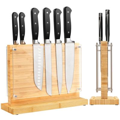 China Natural Magnetic Knife Block Double Side Knife Holder Bamboo Knife Stand for Kitchen Cutlery Display Rack and Organizer for sale